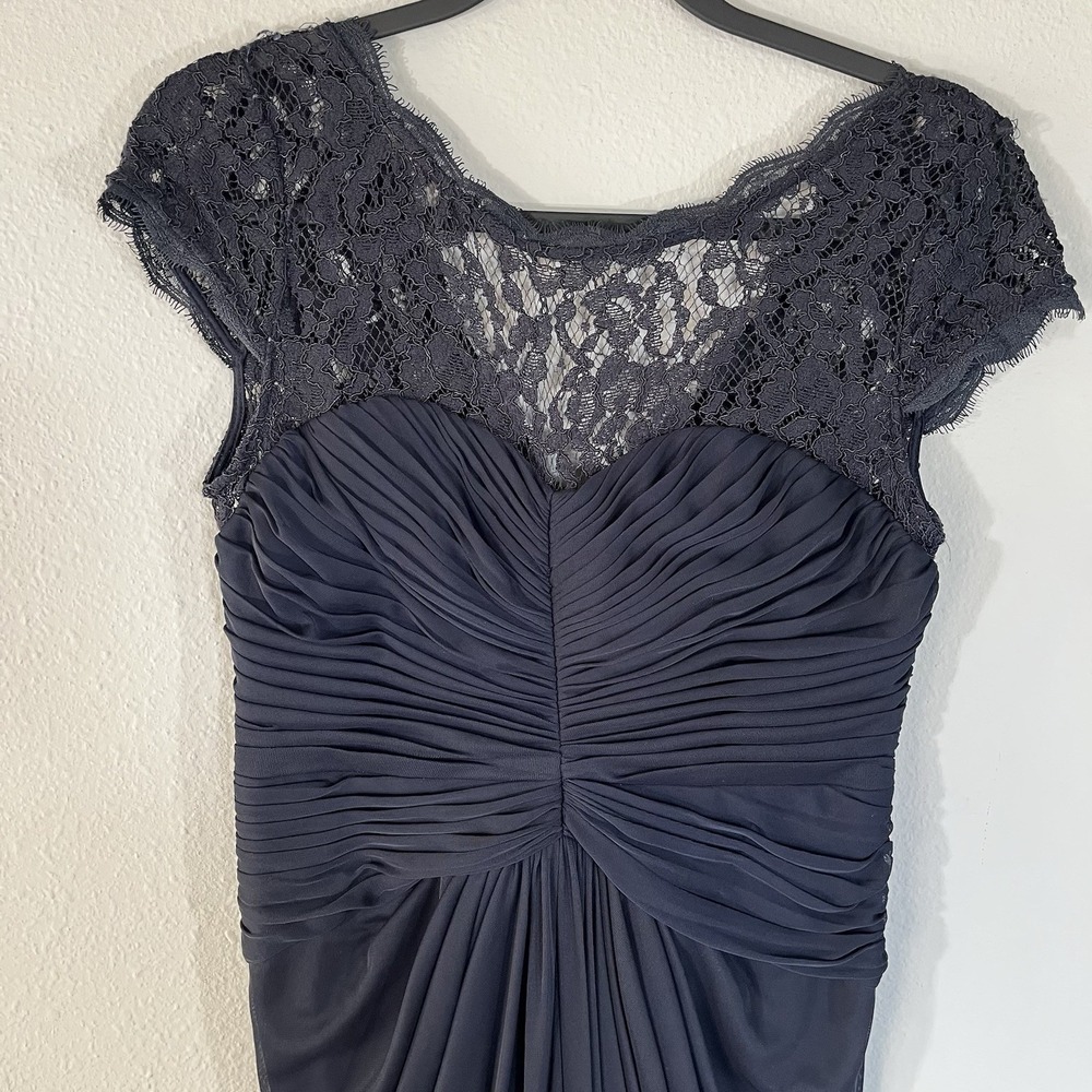 Adrianna Papell Navy Lace Ruched Gown Sz 8P Draped Mother Of Bride/Groom Gala